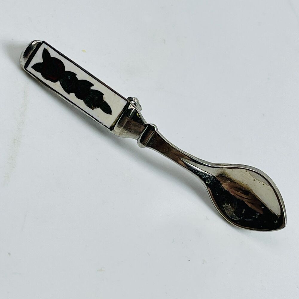 Vintage Spoon Brooch Pin Enamel Inlay Silver Tone Metal Floral Design